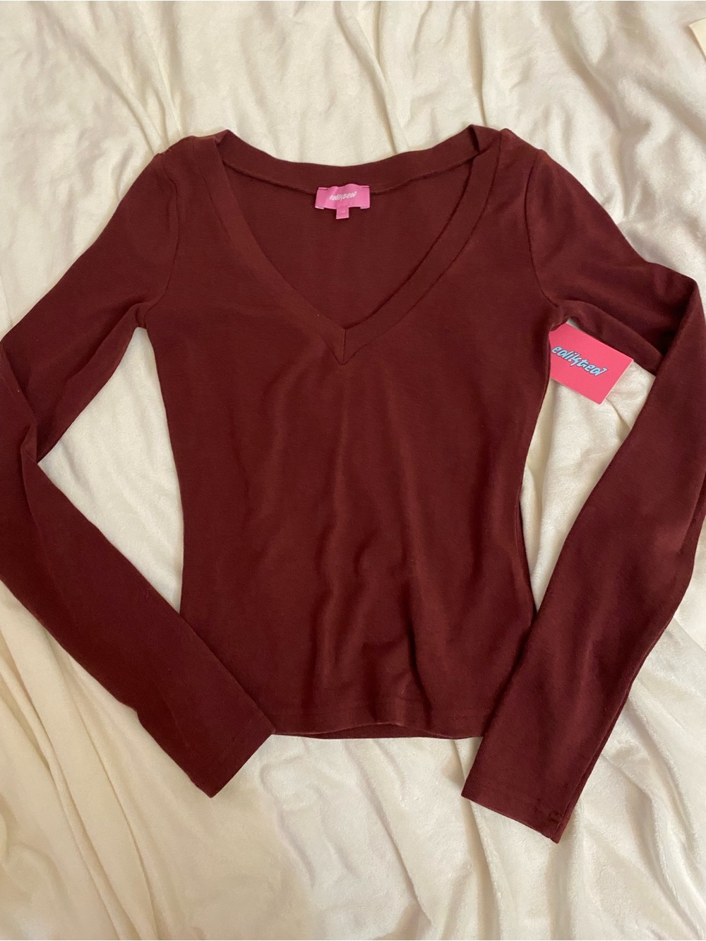 Edikted V-Neck Long Sleeve Top in Deep Burgundy